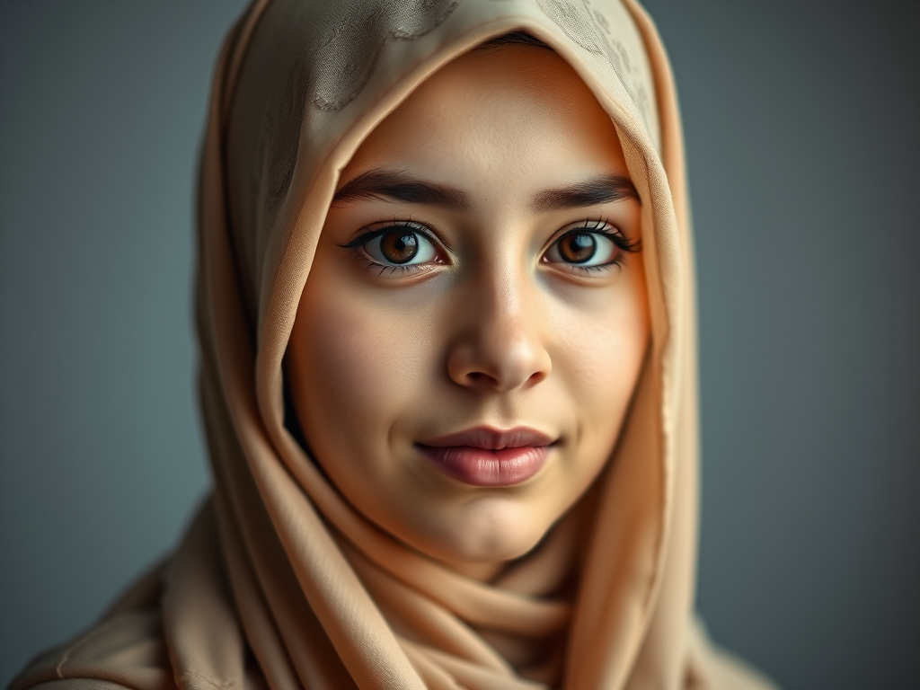 Portrait of a young woman in a hijab with intricate embroidery, soft lighting, depth of field focus, ISO 100, aperture f/2.8, 85mm lens, DSLR camera, studio backdrop.