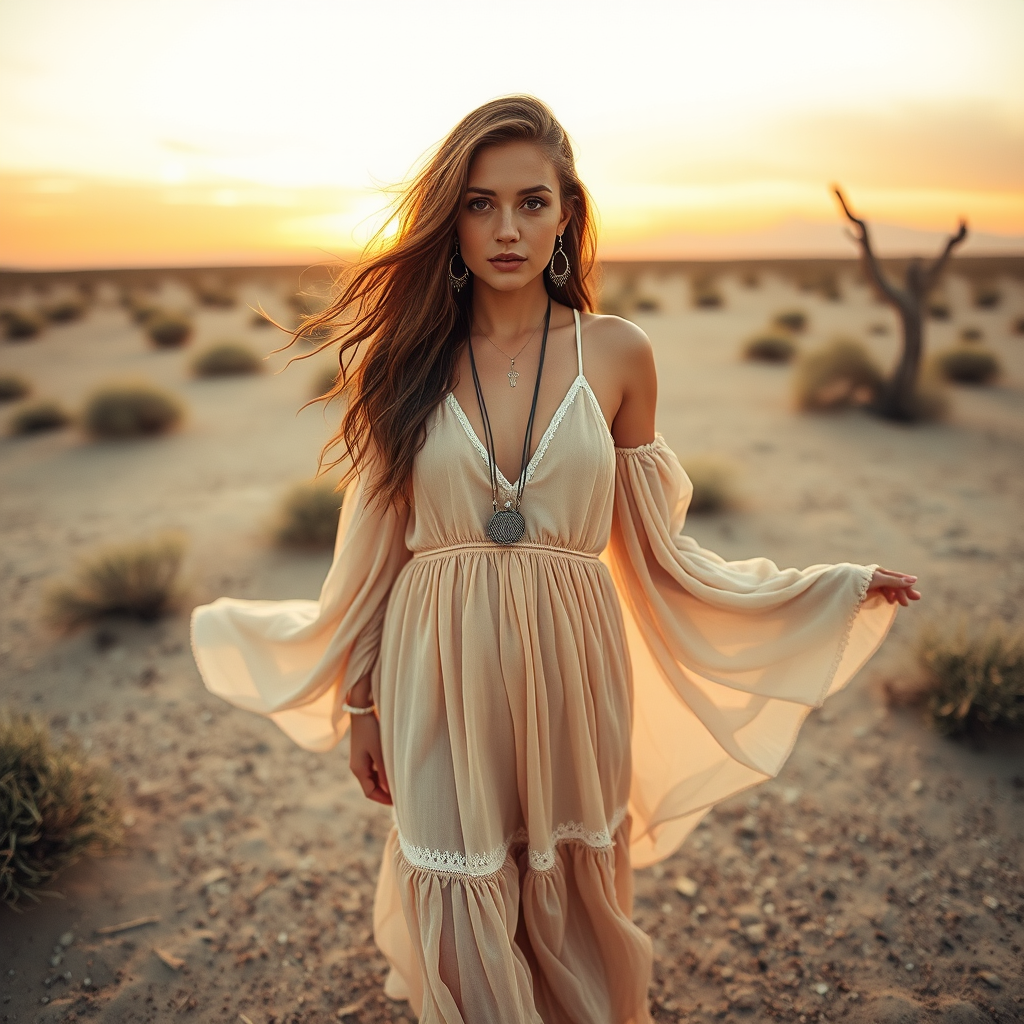 Desert setting, bohemian model, flowy dresses, earthy tones, rustic sunset effect,  equipped with a 12mm lens to capture an overhead view of the model, emphasizing symmetry and spatial positioning