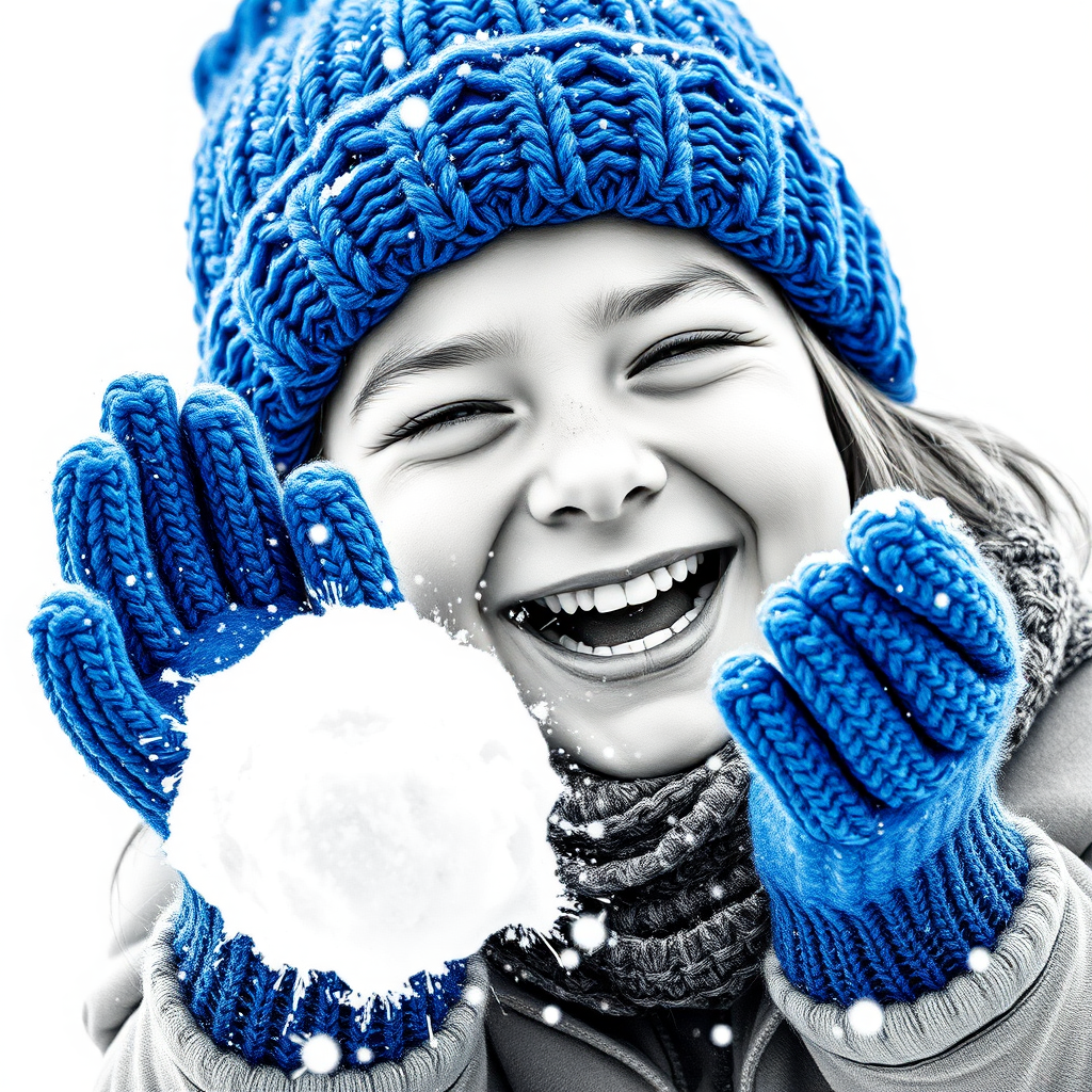 A hyperdetailed photorealistic macro image black and white pencil sketch of a young girl getting hit by a snowball during a snowball fight. She is wearing a brilliant sapphire blue wool beanie and bright blue mittens. She is trying to block the snowball by putting her hands up. The snowball hits her beanie and disintegrates into myriad tiny snowflakes caught with high speed photography. The girl is laughing and having a wonderful time.