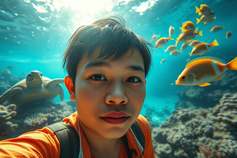 Realistic selfie image of a Singaporean, wearing a vintage outfit, detailed dreamy eyes, droopy hooded eyes, staring at the camera, taken underwater at coral reef with a sunbeam filtering through the water, vibrant, summer vacation, natural lighting, turtle and school of tropical fish with vibrant colors, rendered in the style of CryEngine, Pegi Nicol MacLeod, with realistic genre scenes, hauntingly beautiful narratives, ultra-realism, and Thomas Saliot's close-up technique, 8K resolution, crystal clear and sparkling water.