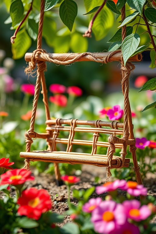 Create a vivid image of a decorative swing made of natural materials, surrounded by vibrant flowers and leaves, in a serene garden setting, captured with a DSLR camera at f/2.8 aperture, ISO 100, 1/60s shutter speed, using a macro lens, with a soft focus background and bright natural lighting.