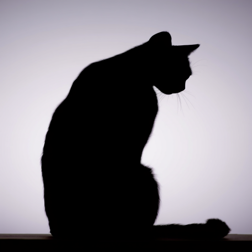 Generate a high-resolution black silhouette of a cat sitting gracefully with a soft gradient background using a DSLR camera, aperture f/2.8, ISO 100, 50mm lens, shot from a low angle for depth.