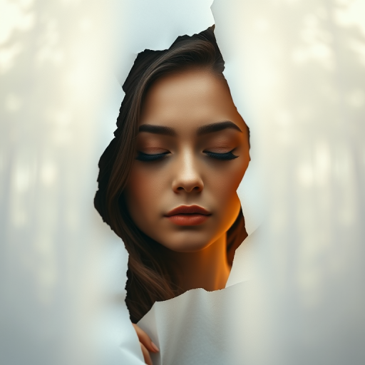 Portrait of a serene woman with closed eyes emerging from a torn paper effect, soft focus background with a forest silhouette, natural lighting, aperture f/2.8, shutter speed 1/125s, ISO 200, shot with a full-frame DSLR in a high-resolution style.