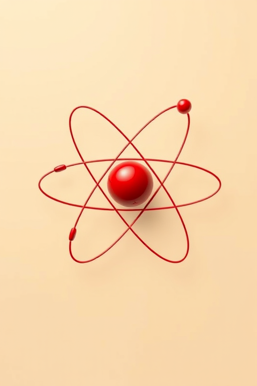 Create a detailed illustration of an atom with a central red sphere and orbiting electrons, using a Canon EOS R5 camera with a 50mm lens at f/1.8, shot from a top-down view, utilizing a soft lighting style to enhance image clarity and vibrancy against a creamy beige background.