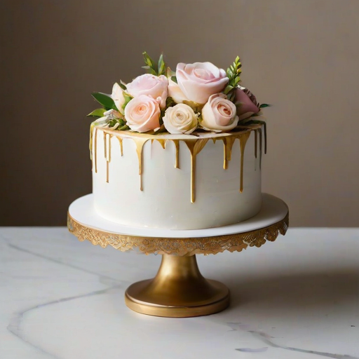 Create an elegant cake design featuring a smooth white frosting with delicate floral decorations. Include various pastel-colored roses and small green leaves, arranged artistically around the cake. Add accents of gold leaf for a touch of luxury. The cake should be displayed on a simple white pedestal against a neutral background.