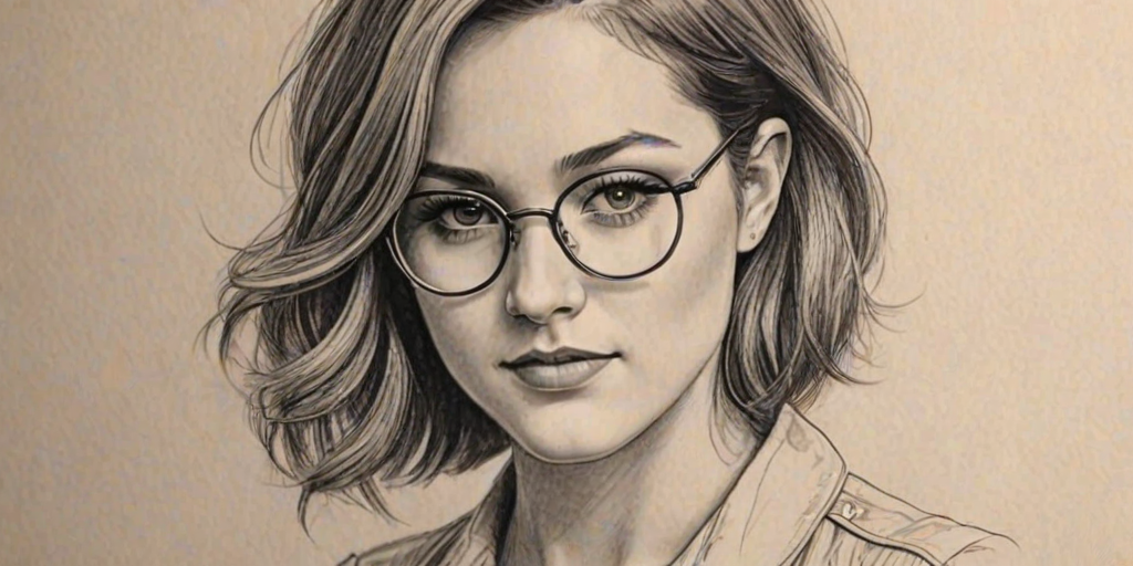 Pleasing Scout Taylor-Compton, pencil sketch, portrait of Stunning woman 1925s in glasses, hair style beatnik, outline, clear lines, fine lines, 8k