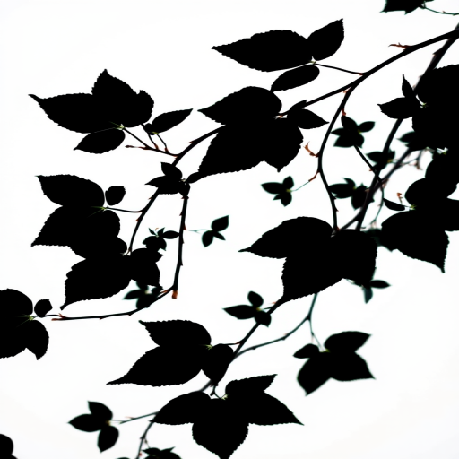create a high-quality black silhouette of a delicate vine with leaves on a plain white background using a DSLR camera with a 50mm lens, f/1.8 aperture, ISO 100, shot in natural light, top-down view with a soft focus effect