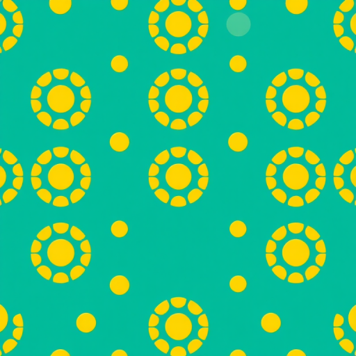 Create a seamless pattern of alternating yellow circles on a teal background, with high resolution, shot with a DSLR camera at f/8 aperture, ISO 200, 50mm lens, top-down view, and using a shallow depth of field for enhanced color contrast.
