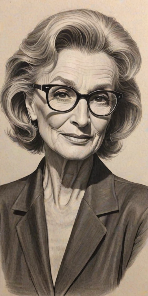 Lovely Cloris Leachman, pencil sketch, portrait of Pleasing woman 1944s in glasses, hair style beatnik, outline, clear lines, fine lines, 8k