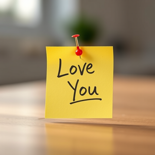 Create an image of a yellow sticky note with the handwritten text "Love You" and a red pushpin at the top, captured with a Canon EOS R5, 50mm lens, f/2.8 aperture, soft natural lighting, and a depth of field to focus on the note while softly blurring the background.