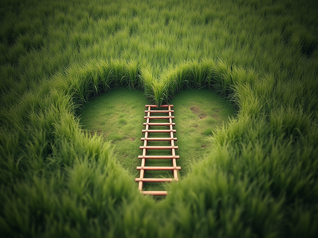 Create an image of a heart-shaped hole in a grassy field with a ladder leading into it, captured with a DSLR camera, 35mm lens, f/2.8 aperture, ISO 100, and a shallow depth of field for a dreamy effect.