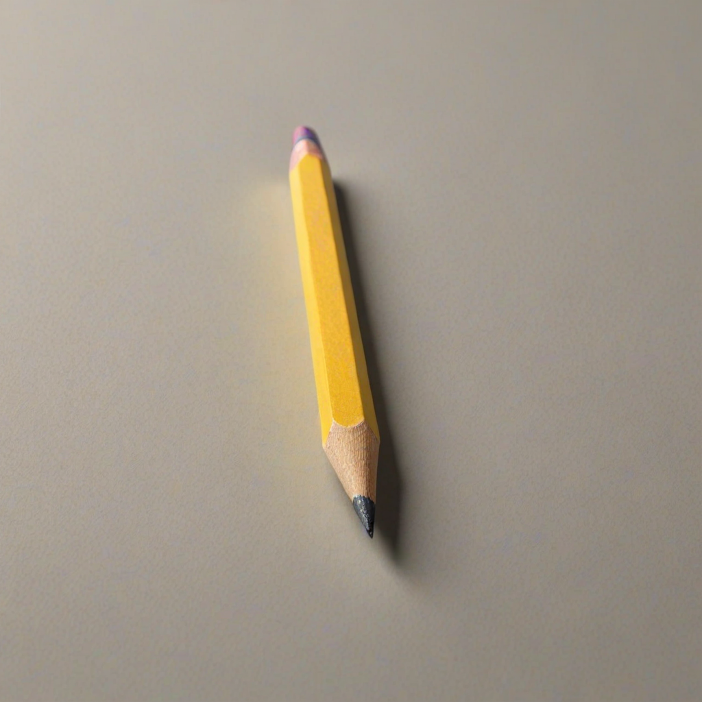 Create a realistic image of a sharpened yellow pencil lying on a flat surface with a soft shadow underneath.