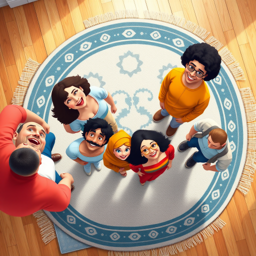 Create an overhead view illustration of a diverse group of eight people standing on a rug, smiling and looking up, use vibrant colors, soft edges, and a cartoonish style, set aperture to f/4, ISO 200, shutter speed 1/200s, using a digital camera with a wide-angle lens for clarity and depth.