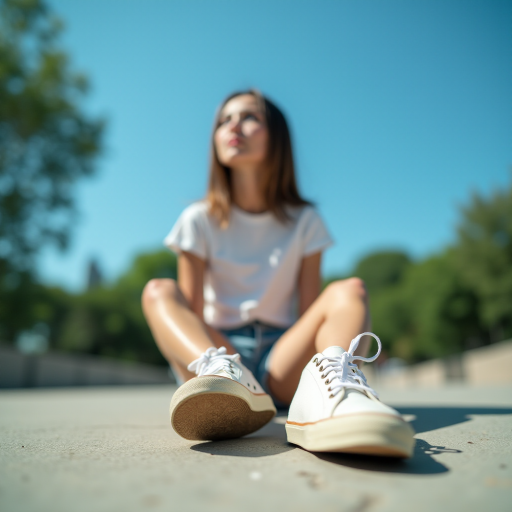 Generate an ultra-realistic, highly detailed, high-definition photograph. It's a photo of a girl sitting on the floor. She's looking at the horizon. The photo is taken from the bottom up, at ground level. The girl's sneakers are in the foreground, in the center of the scene. The girl is wearing light clothes, a t-shirt and short shorts. The sky is blue. Bright environment. The background is a blurred image of a park.