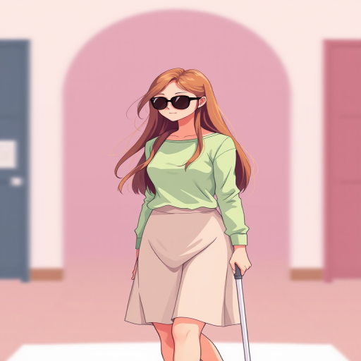 Create an enhanced illustration of a person with long hair wearing sunglasses, a light green long-sleeve shirt, and a skirt, walking with a white cane in a minimalist style, using a high-resolution digital art technique, in a bright and vibrant color palette, with a soft focus background to emphasize the subject, captured as if through a DSLR camera with a 50mm lens at f/1.8, ISO 100, and a slight vignette effect.