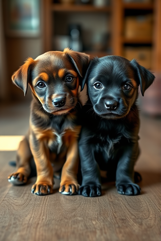Generate a high-resolution image of two playful puppies, one brindle and one black, with shiny fur and expressive eyes, sitting on a textured wooden floor, natural soft lighting, captured with a Canon EOS R5 at f/1.8, ISO 200, 50mm lens, shallow depth of field for a blurred background, in a warm cozy setting.