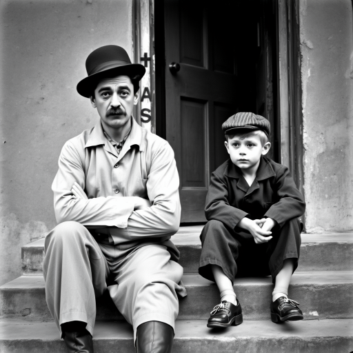 A black-and-white photograph of a man and a child sitting on steps in front of a doorway. The man is dressed as a tramp with a bowler hat, mustache, and ragged clothes, reminiscent of Charlie Chaplin's iconic look. He is sitting with his arms crossed and an expression of slight sadness or frustration. Next to him is a young boy, also in worn clothes and a cap, sitting with his hands clasped, looking thoughtful. The background is an old, textured wall and a partially open door, creating a vintage, early 20th-century atmosphere.