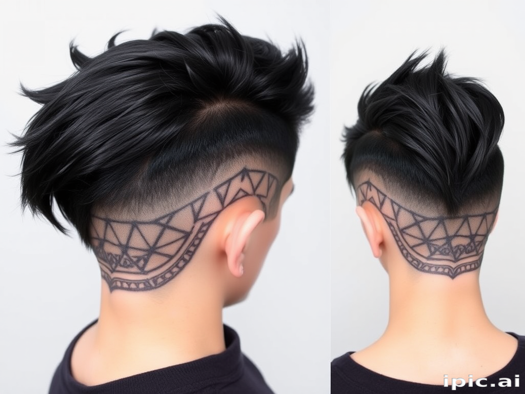 Jet black pixie undercut called "Raven's Wing" featuring intricate geometric patterns shaved into the sides and a sleek, swept-back top