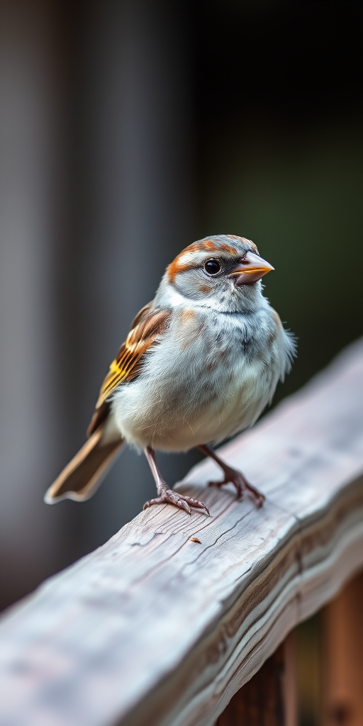 Capture a close-up of a sparrow perched on a rustic wooden railing, shot with a Canon EOS 90D, 200mm lens, f/4 aperture, ISO 200, 1/500s shutter speed, natural soft lighting with a blurred background for depth.