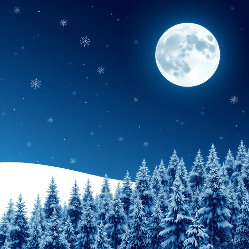 Generate a winter scene featuring a deep blue night sky with a large moon. Include various snowflakes drifting through the air and a forest of snow-covered pine trees in the foreground. The background should have a gradient transitioning from blue to white, creating a serene and magical atmosphere.