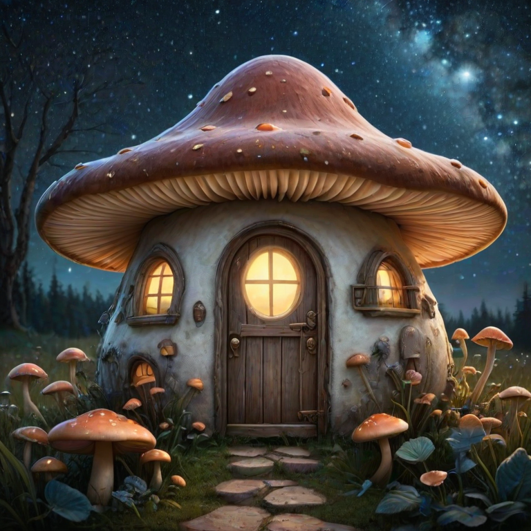 this photo is illustration of a mushroom house with a door and a window, a storybook , fantasy art, mushroom house, bg starry sky, sparkles