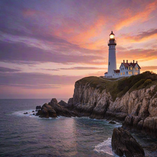 Generate an image of a tall lighthouse perched on a rocky outcrop surrounded by calm ocean waters during a breathtaking sunset. The lighthouse stands sturdy and weathered, its stone surface illuminated by the warm golden light of the setting sun. The sun's rays pass directly through the glass lantern room at the top of the lighthouse, casting a brilliant light across the scene. The sky is painted with vibrant shades of orange, pink, and purple, reflecting off the tranquil sea. The surrounding water shimmers with the same warm hues, creating a serene and majestic atmosphere.