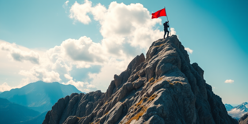 create an image of a person climbing a steep mountain with a red flag atop, using a high-resolution digital camera, 35mm lens, f/8 aperture, 1/500 shutter speed, focus on the climber with a blurred background, bright colors and clear sky with fluffy clouds, vibrant and motivational style