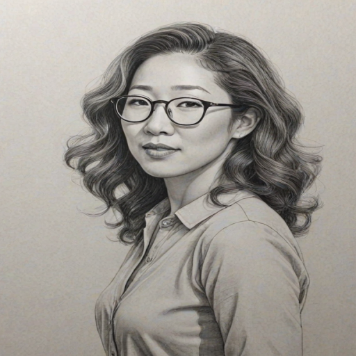 Radiant Sandra Oh, pencil sketch, portrait of Alluring woman 1944s in glasses, hair style beatnik, outline, clear lines, fine lines, 8k