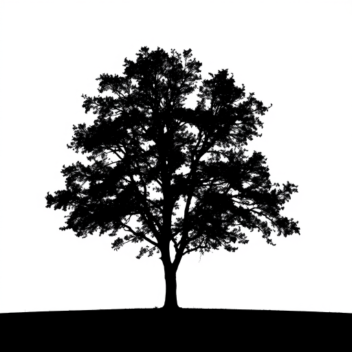 Create a high-quality image of a minimalist black silhouette of a tree against a white background, captured with a Canon EOS 5D Mark IV, 50mm lens, f/1.8 aperture, ISO 100, in a natural light setting with a slight overhead angle for depth.