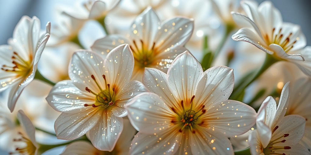 Create a high-resolution image of a bouquet of sparkling flowers with luminous petals and intricate details, shot from a low angle using a macro lens, aperture set to f/2.8 for a shallow depth of field, ISO 100 for clarity, and a soft diffused lighting setup to enhance the shimmering effect.