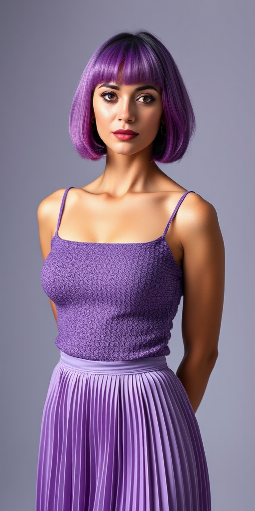 Portrait of a fashionable woman with purple bob hair wearing a textured purple top and pleated lavender skirt, studio lighting, full body view, captured with a Canon EOS R5, 50mm f/1.2 lens, ISO 100, f/2.8, 1/125s, vibrant color saturation.