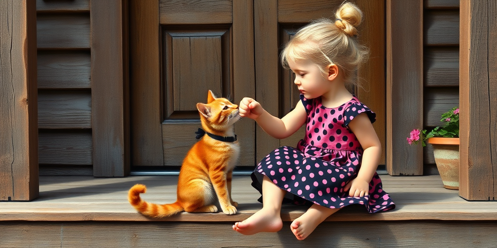 Airbrush, whimsical, glossy oil painting, hyper realism of a pretty little girl with blond hair in undone bun, wearing a simple pink and black polk-a-dot dress, bare feet, sitting on a wooden porch step in front of a rustic old wooden door, fist bumping with her fluffy orange tabby, textured, potted flowers on porch.