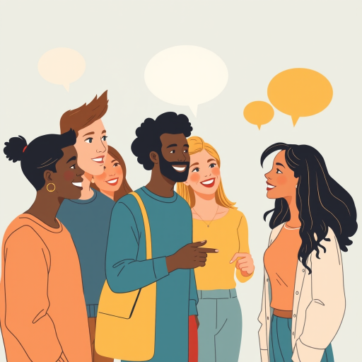 Create a vibrant illustration of a group of diverse young adults engaging in conversation, incorporating playful speech bubbles and varied expressions, with a focus on warm colors and a clean background, using a Canon EOS R5 camera with a 50mm lens, aperture set to f/1.8 for a shallow depth of field, shooting from a slightly elevated angle to provide depth and interest.