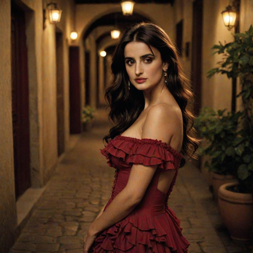 Alluring photograph of Penelope Cruz, celebrated for her performances in "Vicky Cristina Barcelona" and "Volver," capturing her sultry gaze, long dark hair, and full lips, dressed in a flamenco-inspired red dress with ruffles, posed gracefully in a dimly lit Spanish courtyard.