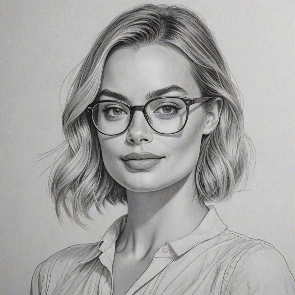 Beautiful Margot Robbie, pencil sketch, portrait of beautiful woman 60s in glasses, hair style beatnik, outline, clear lines, fine lines, 8k