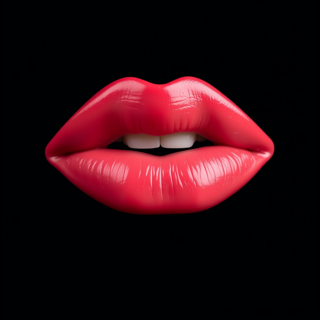 Create a high-resolution image of a stylized pair of lips against a solid black background, using a DSLR camera with a 50mm lens, aperture set to f/1.8, ISO 100, and a soft-focus background effect to enhance the contrast and detail of the lips, shot in a well-lit studio environment.