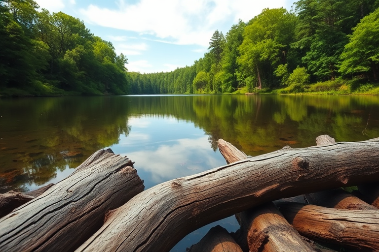 capture a serene lake scene with lush green trees and clear sky reflections, 50mm lens, f/8 aperture, ISO 200, natural light, shot from a low angle to emphasize foreground logs and mirror-like water surface, use a DSLR camera for high image quality