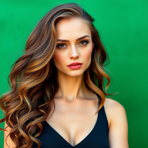 Regenerate an image of a confident woman with long, wavy hair and a serious expression, set against a textured green background, using a DSLR camera with a 50mm lens, f/1.8 aperture, ISO 100, and soft natural lighting for enhanced clarity and depth.