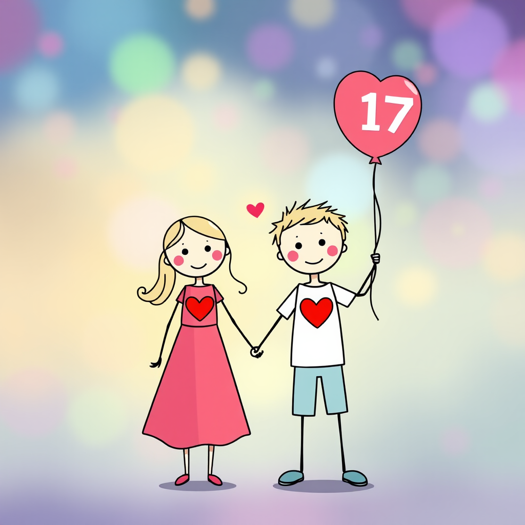 Create a vibrant illustration of two stick figures holding hands, with the girl wearing a dress and the boy in a t-shirt and shorts, both having red hearts on their chests, the boy holding a balloon labeled 2017, captured in a high-resolution digital artwork style, using a Canon EOS R5 with a 50mm f/1.8 lens, aperture set at f/2.8, and a soft focus background to enhance clarity and color vibrance.