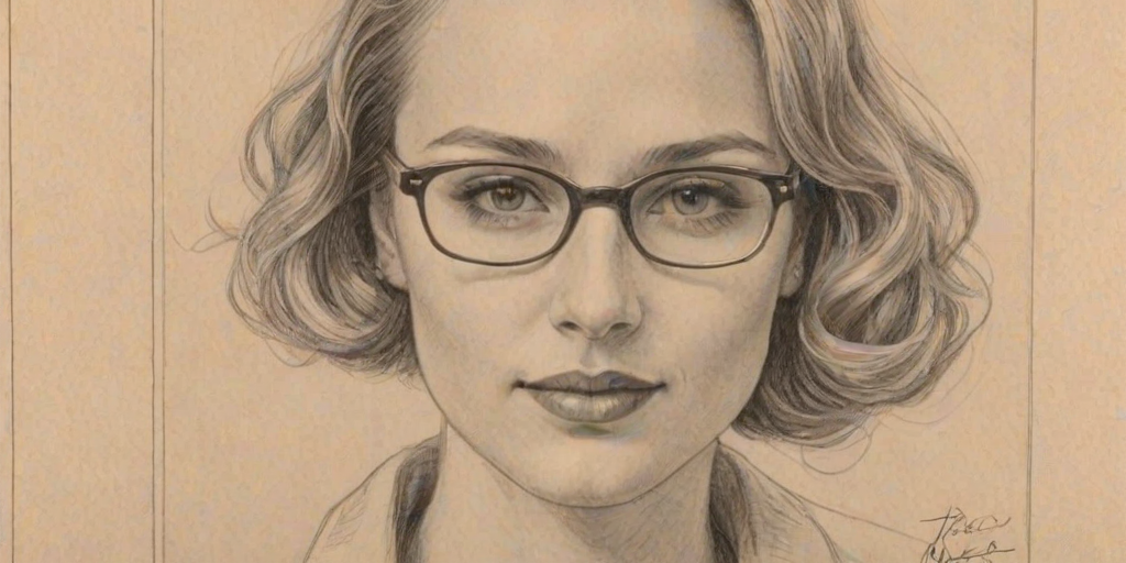 Captivating Fiona Gubelmann, pencil sketch, portrait of Comely woman 1933s in glasses, hair style beatnik, outline, clear lines, fine lines, 8k