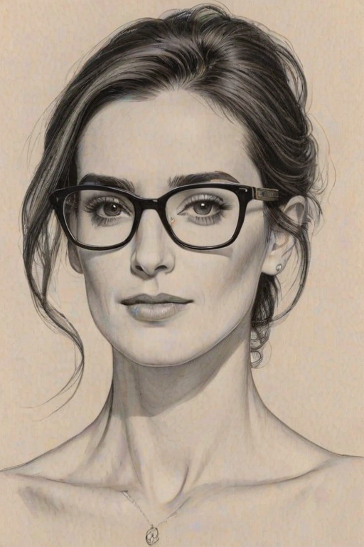 Pleasing Paz Vega, pencil sketch, portrait of Delightful woman 1977s in glasses, hair style beatnik, outline, clear lines, fine lines, 8k