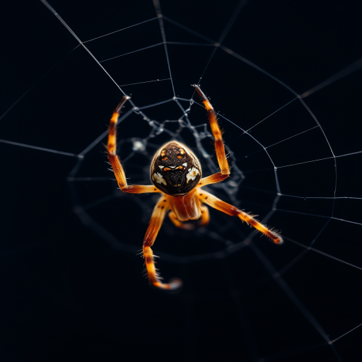 macro photography of a brown spider on its web with high contrast lighting, 100mm macro lens, aperture f/2.8, ISO 200, shutter speed 1/250, focused on the spider with a blurred dark background, dslr camera