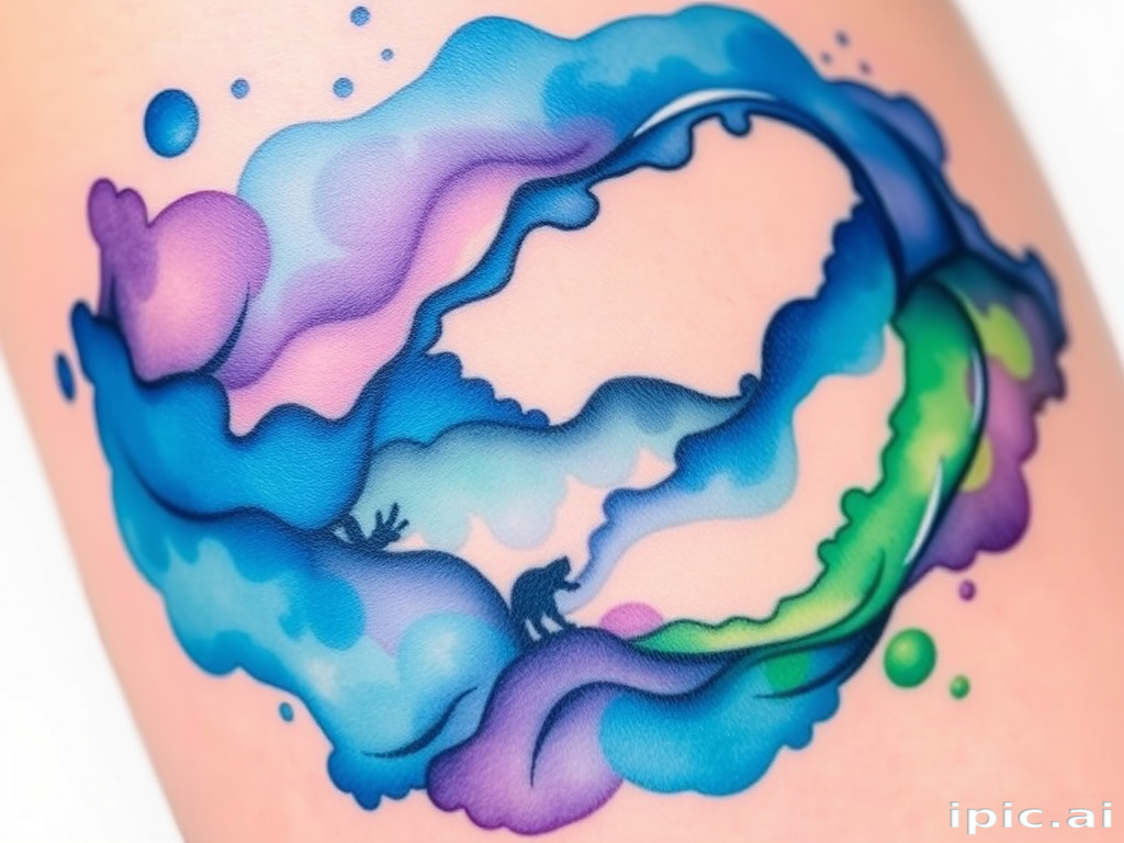 Vibrant watercolor tattoo named "Chromatic Cascade" featuring a swirling blend of blues, purples, and greens forming an abstract landscape with hidden animal silhouettes, characterized by its fluid brushstrokes and ethereal appearance