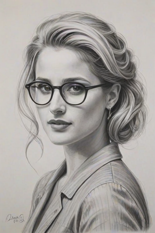 Gorgeous Dianna Agron, pencil sketch, portrait of Pleasing woman 1939s in glasses, hair style beatnik, outline, clear lines, fine lines, 8k