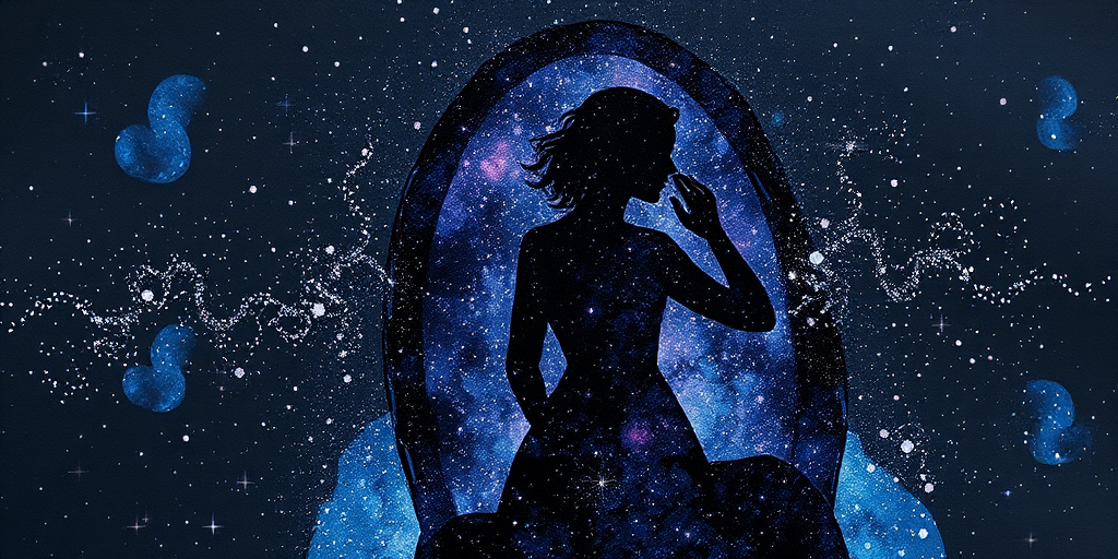 Captivating conceptual render alcohol ink art, double exposure, the paint strokes artfully merge combining a woman's full silhouette with a Ladybug crawl's silhouette. The figures are composed of a series of colored dots, lines & spots that evoke the image of a cosmic galaxy, colors are deep shades of blue purple & black with flashes of white & silver representing distant stars. The woman's silhouette is formed within the lion's silhouette from constellations of scattered stars, surreal
