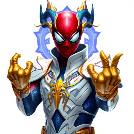 A high-budget, anime-style wallpaper featuring Spiderman in an epic White, blue red Kirin armor. Golden dragon gloves, the gloves is in the shape of dragon heads, Golden dragon head gloves, White glossy eyes, The armor is designed with metallic details that reflect light, showcasing intricate Kirin motifs. Spiderman's armor is a striking gradient of blue, red and white, with Colorful galaxy inner sections, making it look both powerful and sleek. The background is flat white, with Kirin-shaped blue-violet glowing rune relic to give the impression power, striking pose, the Kirin's armor is dominantly in white, with some details in blue and red, Cinematic anime action scene, cinematic action pose, medium shot action portrait, dramatic effect of shadow and light.