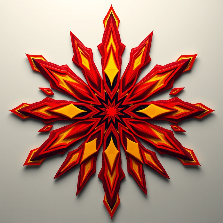 Create a high-resolution pixel art image of a bold and vibrant symmetrical design featuring fiery red and bright yellow colors, captured with a DSLR camera at f/2.8 aperture, ISO 100, 50mm lens, with a top-down view and soft diffused lighting to enhance detail and contrast.