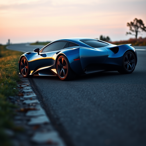 Generate an image of a luxury sports car parked on the side of a road during what appears to be dawn or dusk, given the soft light and shadows. The car should have a sleek design with aerodynamic features, a low-profile stance, and large, alloy wheels. It should display a contemporary color scheme, possibly a unique shade of blue that matches well with the ambient light in the setting. The vehicle's bodywork should gleam, reflecting the surrounding environment, and it should have distinctive lighting accents that enhance its sporty appearance. In the background, there should be a roadside with a grassy embankment on one side and possibly some trees or shrubbery along the edge of the pavement. The overall mood of the image should convey a sense of luxury, speed, and the tranquility of an early morning or late evening drive.