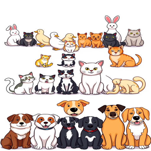 Create a colorful cartoon-style illustration of various animals arranged in three rows: top row with rabbits and ducks, middle row with playful cats, and bottom row with different breeds of dogs, use a DSLR camera with a 50mm lens, f/8 aperture, 1/200s shutter speed, and a vibrant color palette for enhanced quality.