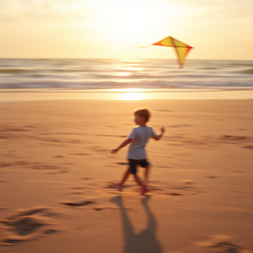 Blurry action shot of a child flying a kite on a windy day at the beach, soft golden light from the setting sun casting long shadows on the sand, with the kite barely visible against the sky.